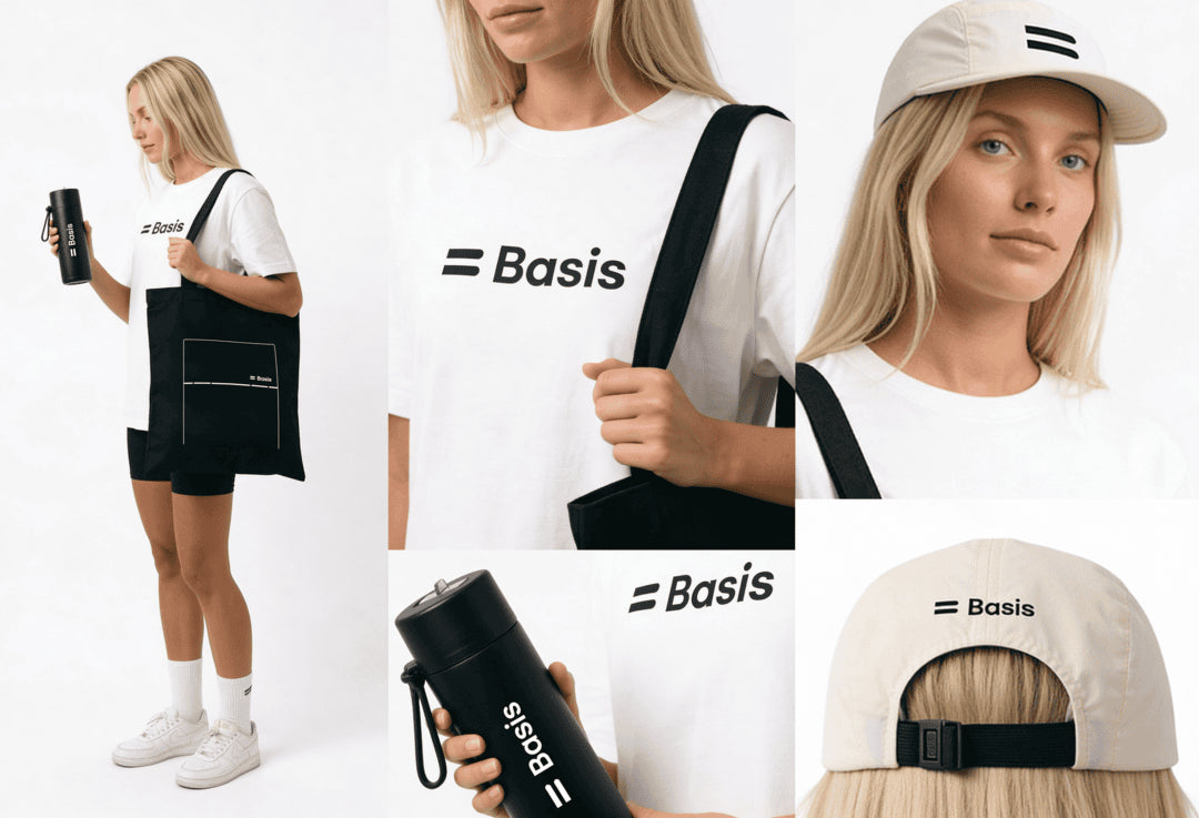 Basis branded caps, tees, tote bags and drink bottles by Simply Totes + Co