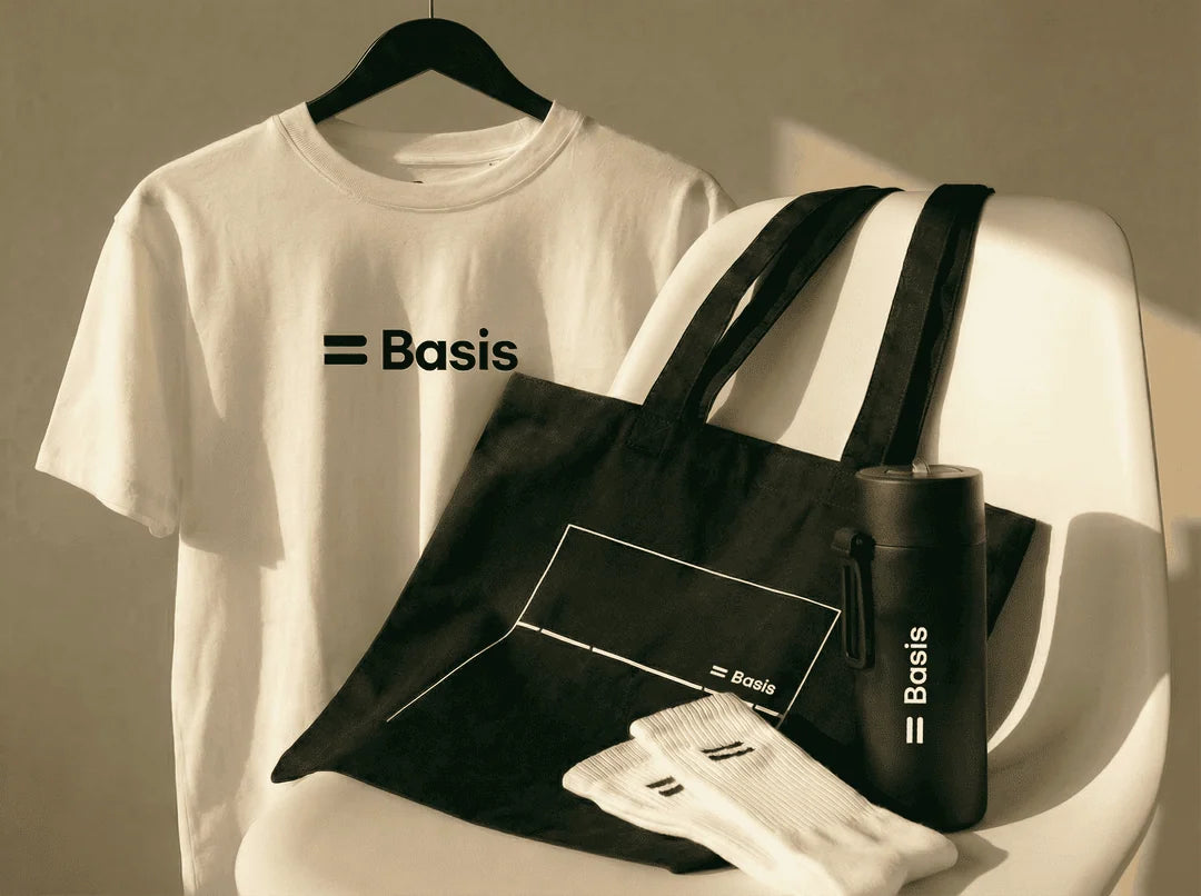 Basis branded tee, tote bag, drink bottle and socks by Simply Totes + Co