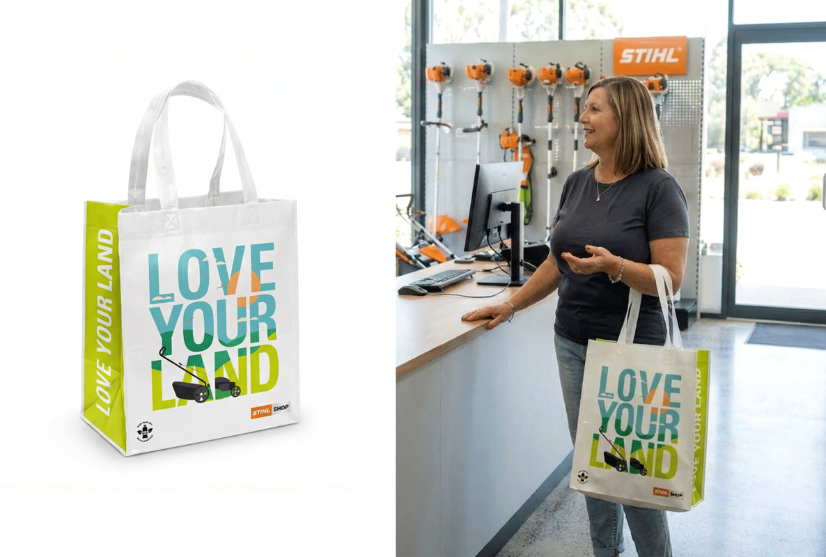 STIHL Shop branded tote bag in store, made by Simply Totes + Co