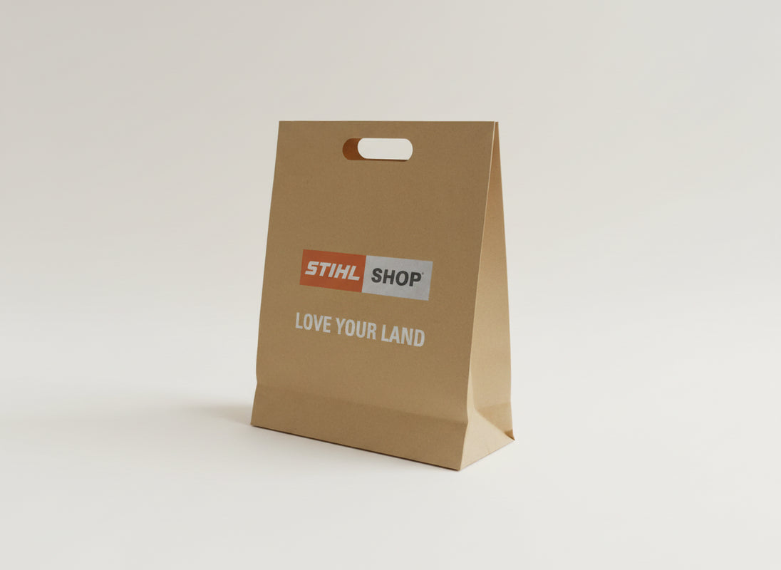 STIHL Shop branded kraft paper bag made by Simply Totes + Co