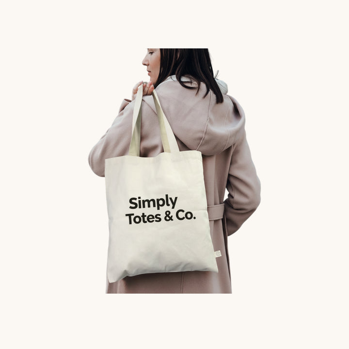 Simply Totes The Rework Tote Bag over the shoulder with one colour print branding